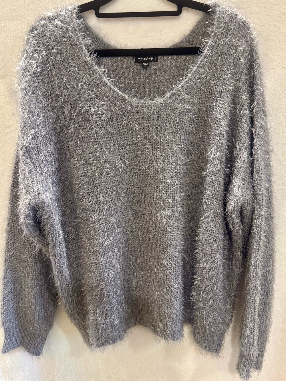 mittoshop Heather Gray Fuzzy Scoop Neck Sweater